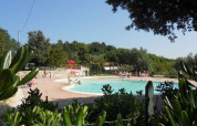 Camping Paradiso in Marche, Italy, showing people relaxing by a pool surrounded by greenery and trees.