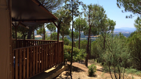 Wooden porch at Camping Paradiso in Marche, Italy, overlooking scenic hills and lush pine trees under clear sky.