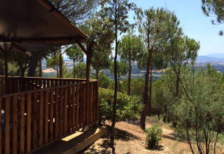 Wooden porch at Camping Paradiso in Marche, Italy, overlooking scenic hills and lush pine trees under clear sky.