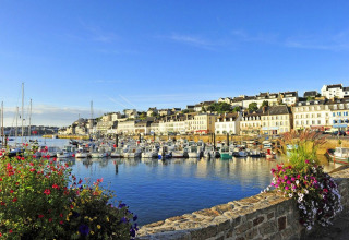Vista del porto di Douarnenez in Bretagna, Francia, con barche colorate, fiori e edifici storici al sole.