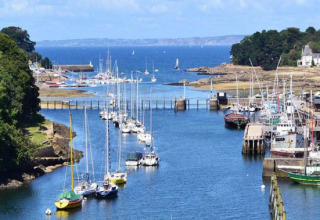 View of Douarnenez harbor in Brittany, France, showing sailboats, lush greenery, and the open sea.