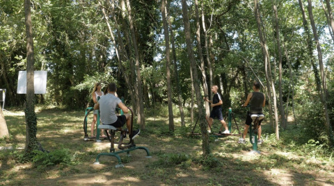 Four people use outdoor gym equipment in a wooded area at Camping Saint Amand in Auvergne-Rhône-Alpes, France.