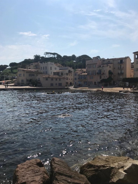 Seaside view from Camping Les Lauriers Roses with waterfront buildings and sparkling water in Provence, France.