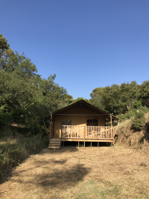 Cabaña rústica con porche de madera rodeada de árboles en Camping Les Lauriers Roses, Provenza, Francia.