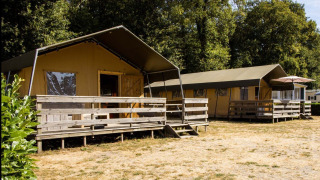 Lodge de tienda safari con terrazas de madera, situado sobre césped seco y rodeado de árboles verdes.