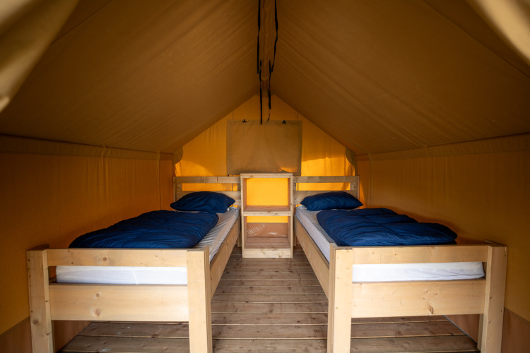 Innenansicht der Duo Lodge mit zwei Einzelbetten und Holzfußboden im Familiepark Goolderheide, Belgien.