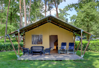 Tenda safari con veranda, sedie da giardino e poltrone, immersa tra alberi e natura rigogliosa.