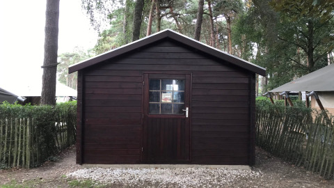 Cobertizo de madera con ventana y puerta, rodeado de bosque en Safari tent + sanitary en Familiepark Goolderheide, Bélgica.