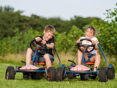 To børn kører gokarts og griner sammen på en græsmark i ferieparken Feather Down De Zeekraal Terschelling.