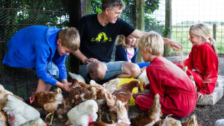 Familia alimentando gallinas juntas en un corral en Feather Down De Zeekraal Terschelling, Friesland, Países Bajos.
