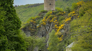 Una torre di pietra rotonda si erge su una collina boscosa vicino a Diekirch, Lussemburgo, con un tunnel sotto.