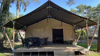 Außenaufnahme eines Lodgetent Basic Safarizeltes mit Terrasse im Maasduinen, Niederlande.