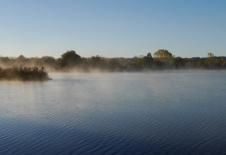 Morgentåge over en sø ved Camping lac Aux Oiseaux i Occitanie, Frankrig med træer i baggrunden.