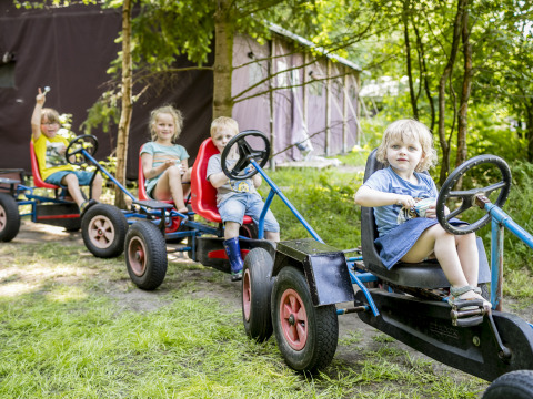 Bambini guidano go-kart a pedali al Feather Down Het Wesselink in Salland, parco vacanze in Overijssel, Paesi Bassi.