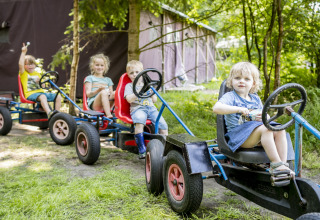 Bambini guidano go-kart a pedali al Feather Down Het Wesselink in Salland, parco vacanze in Overijssel, Paesi Bassi.