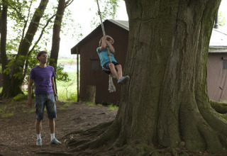 Man watches a child swing on a rope by a large tree at Feather Down Het Wesselink in Salland, Overijssel.