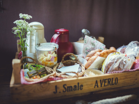 Panier de petit-déjeuner rustique avec pains, jus, fruits, fleurs et thermos à Het Wesselink à Salland.