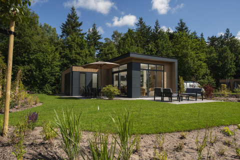 Moderne lodge med store vinduer, terrasse og havemøbler, omkranset af grønt græs og træer.