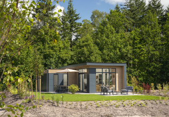 Lodge moderno con ampie vetrate e patio arredato, immerso nel verde tra alberi in una giornata soleggiata.