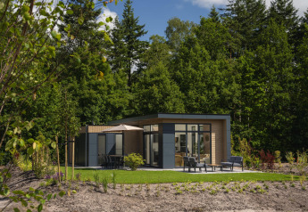 Lodge moderno con ampie vetrate e patio arredato, immerso nel verde tra alberi in una giornata soleggiata.