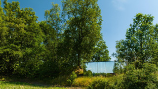 Spiegelende tiny house, ÖÖD Suite, onopvallend tussen het groen in Wilsumer Berge, Duitsland.