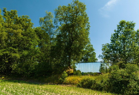 Spiegelende tiny house, ÖÖD Suite, verscholen tussen groene bomen in Wilsumer Berge, Duitsland.