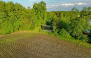 Luchtfoto van de ÖÖD Suite tiny house bij Wilsumer Berge in Duitsland, omgeven door bomen en veld.