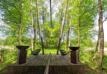 Spiegelgevel van ÖÖD Suite bij Wilsumer Berge in Duitsland weerspiegelt het groene boslandschap.