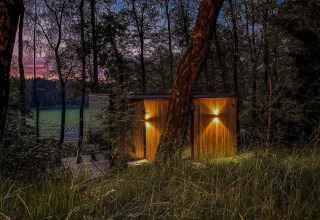 Tiny house ÖÖD Suite en Wilsumer Berge, Alemania, iluminada en el bosque al atardecer con luces encendidas.