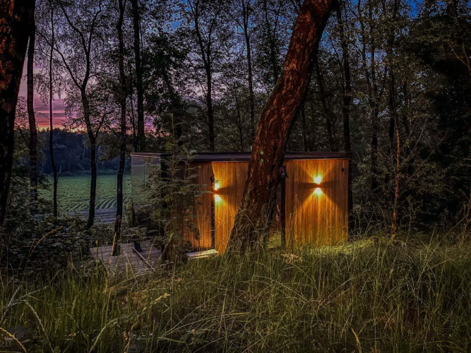 Tiny house ÖÖD Suite at Wilsumer Berge in Germany, glowing warmly in a wooded area at dusk with lights on.