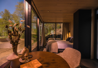 Moderna tiny house ÖÖD Suite en Wilsumer Berge, Alemania, con grandes ventanas y decoración acogedora.