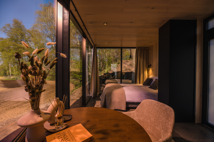 Modern tiny house ÖÖD Suite at Wilsumer Berge in Germany with scenic views, large windows, and cozy decor.