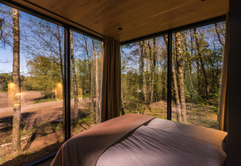 Uitzicht vanuit de slaapkamer van een tiny house met glazen wanden in ÖÖD Suite, Wilsumer Berge, Duitsland.