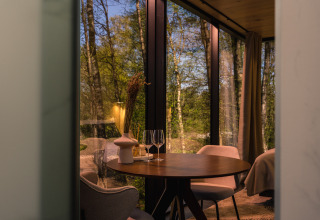 Moderne tiny house met ronde tafel, stoelen en bosuitzicht bij ÖÖD Suite, Wilsumer Berge, Duitsland.