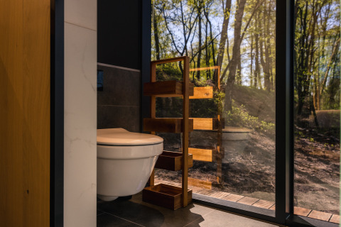 Bagno moderno con wc e mensola in legno, vista sul bosco attraverso una vetrata, ÖÖD Suite in Germania.