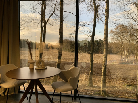 Modern interieur met ronde tafel en stoelen bij grote ramen met uitzicht op een veld en bomen.