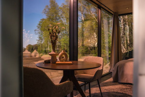 Binnenaanzicht van de ÖÖD Suite in Wilsumer Berge, Duitsland, met glazen wanden en uitzicht op bos.