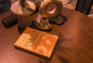 Een knus tafeltje in het ÖÖD Suite tiny house met 'Gentle Living' boek en diffuser bij Wilsumer Berge, Duitsland.