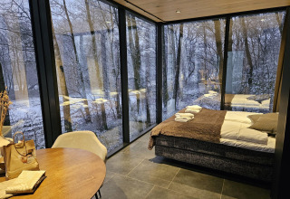 Tiny house moderne avec grandes baies vitrées, vue sur la forêt enneigée à ÖÖD Suite, Wilsumer Berge, Allemagne.