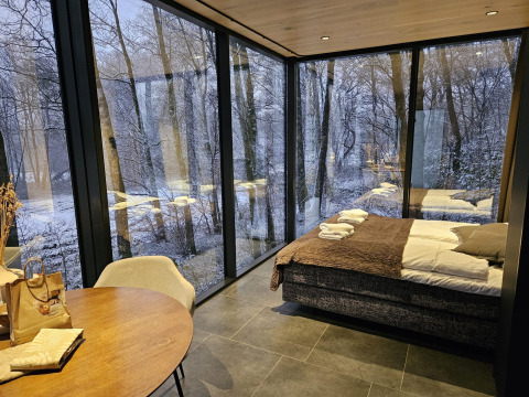 Modernes Tiny House mit Panoramafenstern und Blick auf verschneiten Wald bei ÖÖD Suite, Wilsumer Berge.