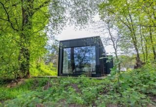 Nokken Forest Cabin: pequeña casa negra con gran ventanal rodeada de bosque verde en Wilsumer Berge, Alemania.