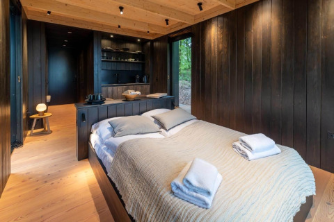 Dormitorio moderno con interior de madera en Nokken Forest Cabin, Wilsumer Berge, Alemania, con cama doble.