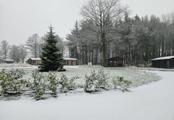 Scena invernale presso un lodge con cabine innevate, un albero di Natale e alberi ricoperti di neve.