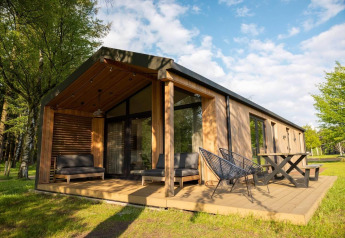 Lodge moderno de madera con terraza grande, sillas exteriores y rodeado de césped verde y árboles altos.