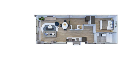 Plano de la lodge Zypendaal Comfort en Veluwepark de Bosgraaf, Países Bajos, muestra distribución moderna.
