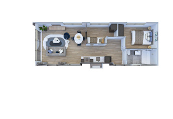 Plano de la lodge Zypendaal Comfort en Veluwepark de Bosgraaf, Países Bajos, muestra distribución moderna.