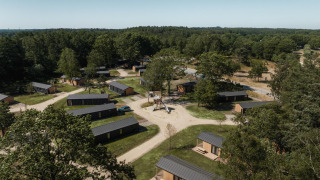 Luchtfoto van een lodge met houten huisjes, gelegen tussen bomen en smalle paden in een bosrijke omgeving.