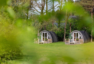 Dos encantadoras cabañas curvas en Woodlodge en Wilsumer Berge, Alemania, vistas entre hojas verdes.