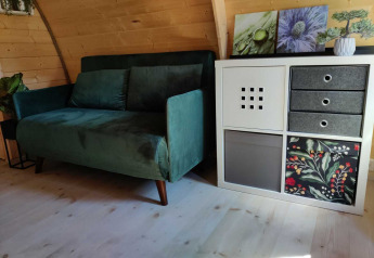 Divano verde e mobile bianco moderno in una baita di legno a Woodlodge, Wilsumer Berge, Germania.