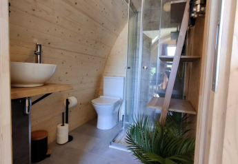 Moderne badeværelse med trævægge, toilet, bruser og grøn plante i Woodlodge ved Wilsumer Berge, Tyskland.